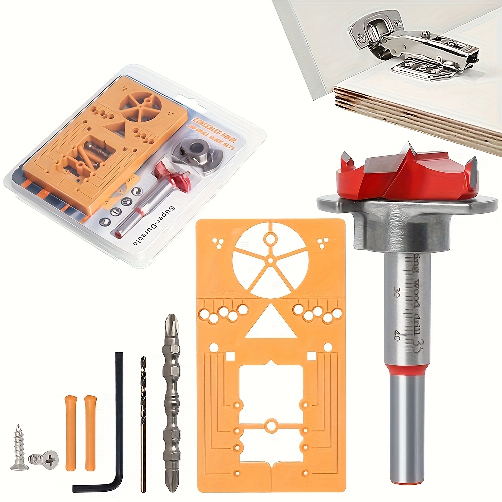 Hinge Jig Drill Guide Template - 7pcs Cabinet Hinge Locator Kit For Woodworking, Door Installation With Carbide Drill Bits, Aluminum Alloy, Adjustable & Durable