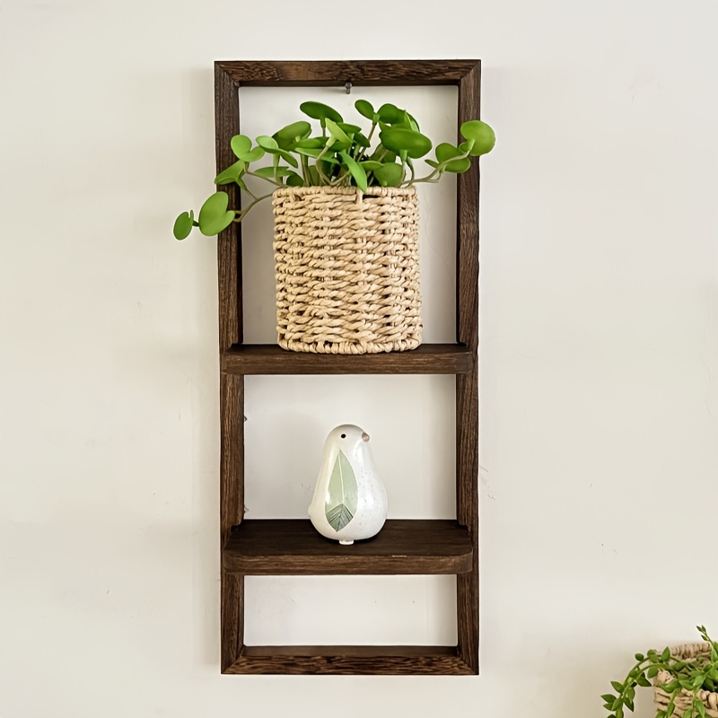 TEMU Vintage Houten Wandgemonteerde Dubbele Plank met Potplant & Decoratieve Items - Rustieke Huisdecoratie voor Slaapkamer, Woonkamer of
