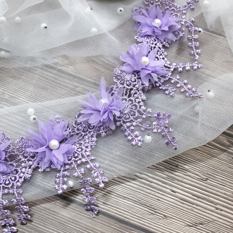TEMU 1 Ярд Багатокольорової 3D Шифонової Тюльової Тканини з Перлами для DIY Весільних Виробів, Ширина 8 см