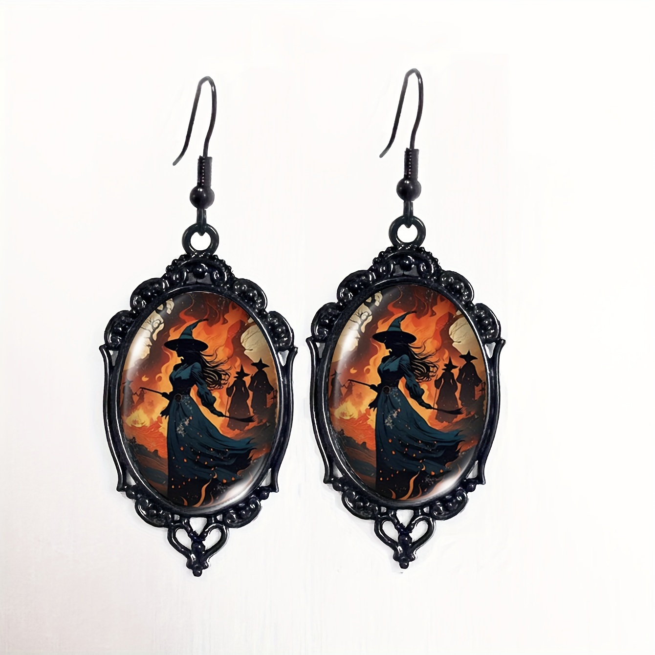 Pair Of Vintage Halloween Pattern Earrings With Black Lace Detail - Glass & Alloy, Iron Posts, & Seasonal