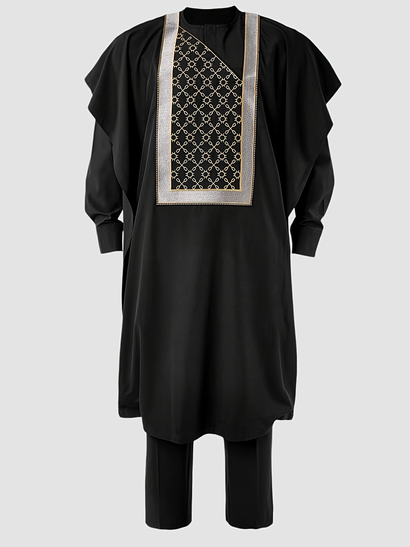 Men's Agbada 3pcs Set, Embroidered Pattern, Crew Neck, Hidden Buttons, Slit Hem with Pockets, Ethnic Pattern Robe, Long-Sleeve Shirt, Drawstring Elastic Waist Pants, Suitable for Banquets, Birthdays, Gatherings, Weddings, Holiday Celebrations, Dates