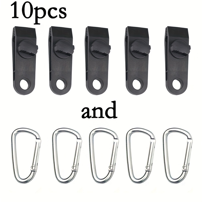 TEMU 10pcs Durable Abs Tent Clamps - Windproof, Black Outdoor Camping Clips With For Tents & Tarps, Includes 5 Carabiners - Versatile & Use