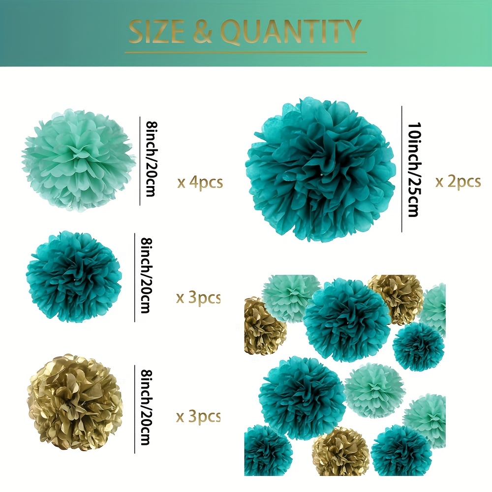Image of 12pcs Of Teal, Light Green, And Tissue Pom Poms, Perfect For Christmas Backgrounds, Streamers, Birthday Celebrations, Weddings, Bridal Gifts, Bachelorette Parties, And