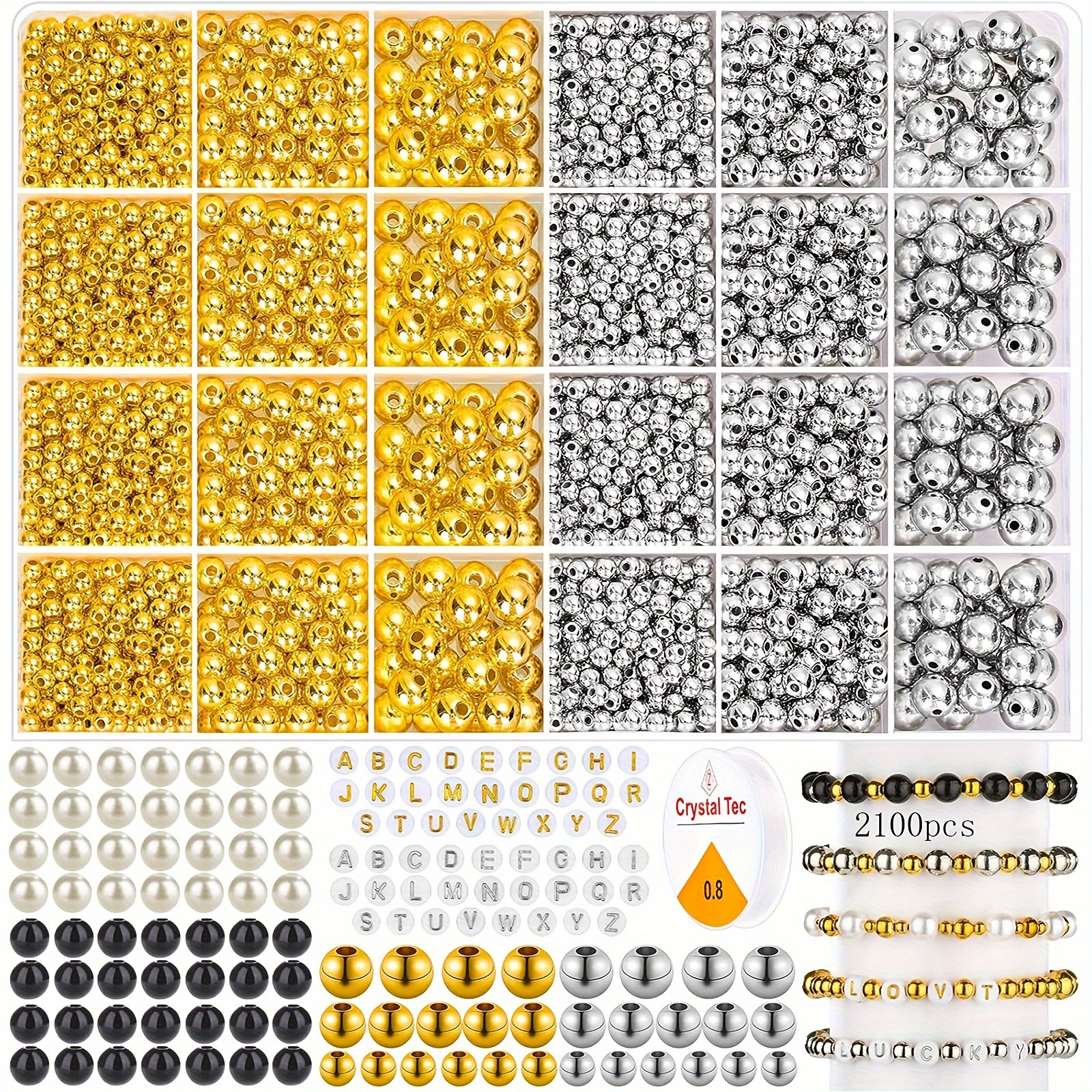 

2100 Pcs Gold/white K Round Spacer Beads For Jewelry Making, 4/6/8mm Golden & Round Bead With Letter Bead Pearl Bead Elastic String, Smooth Loose Ball Beads For Bracelet Jewelry Making Diy Craft