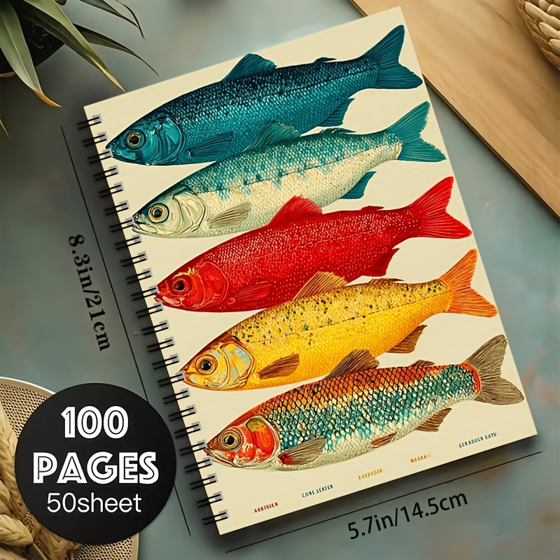 TEMU Carnet spirale A5 123 Vintage Illustration de poissons colorés, reliure spirale noire à 24 trous, 50 feuilles 100 pages, taille 21×14.5Cm, mémo