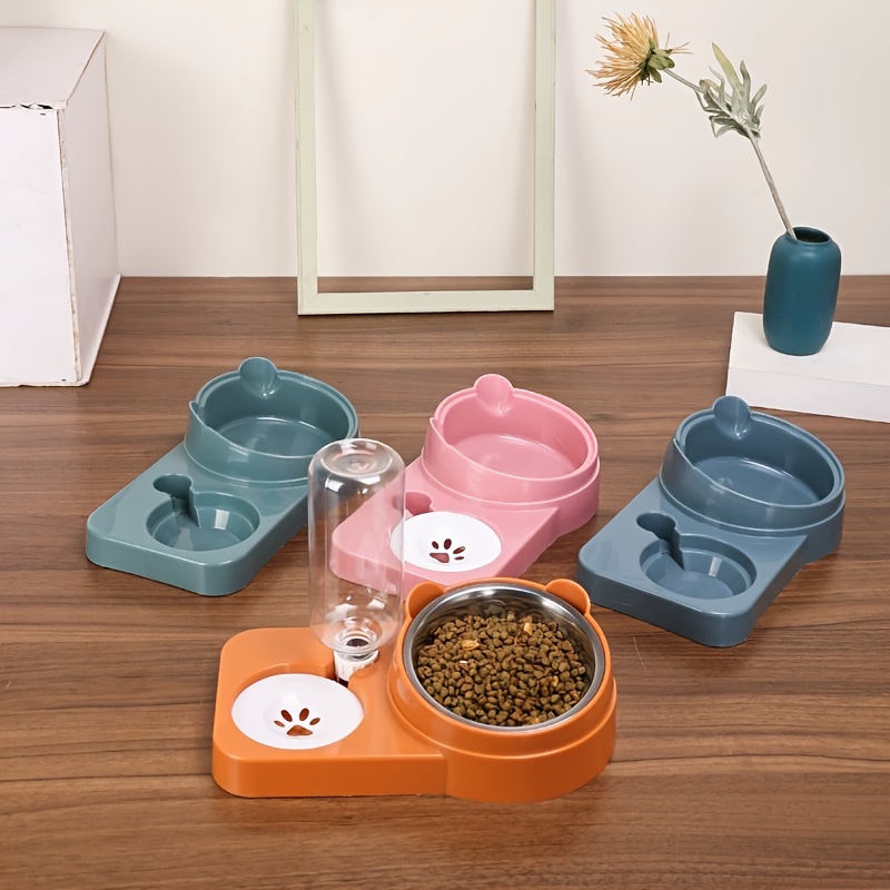 

2 In 1 Cat Double Bowls, Elevated Stainless Steel Cat Inclined Food Bowl With Automatic Water Bottle For Neck Protection