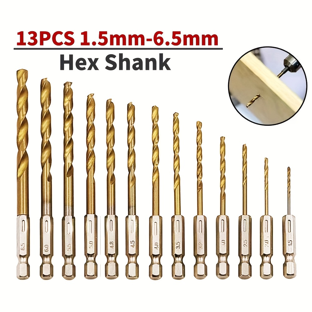 TEMU 13pcs Titanium Coated Steel Twist Drill Bit Set, 1/4 Inch Hex Shank, For Wood, Plastic, Aluminum, Soft Metal, Quick Change And Lock, 1.5mm-6.5mm, Electric Wrench Adapter Included