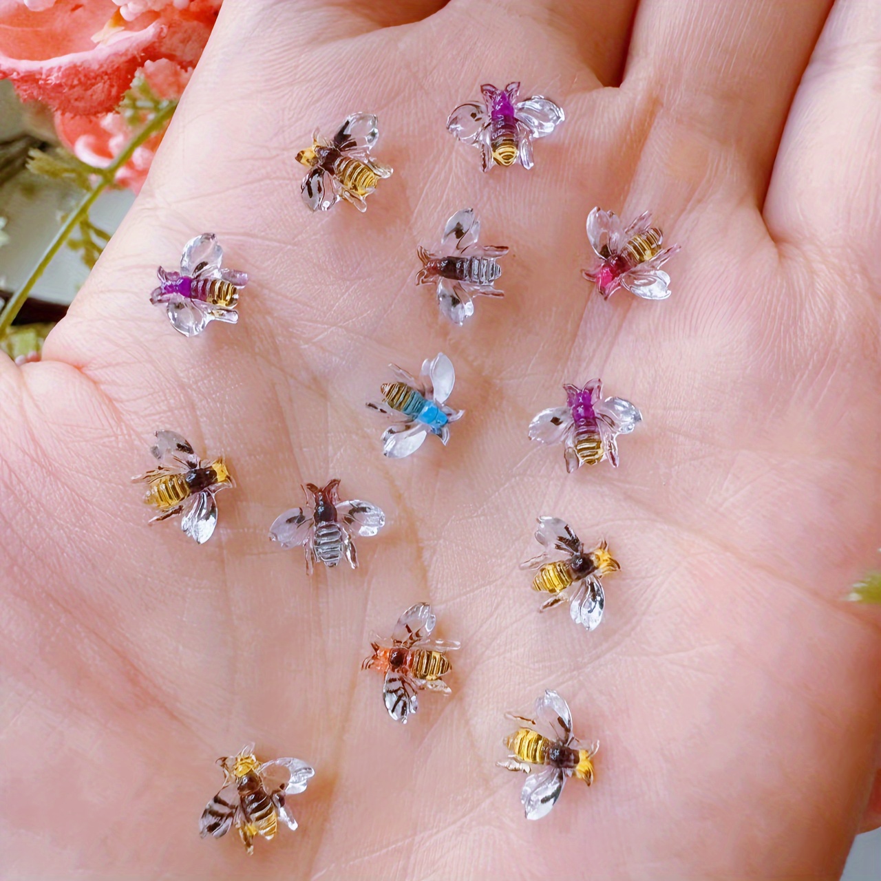 

30pcs Vibrant Mini Resin Bee Charms, Odorless - Diy Nail Art, Scrapbooking & Crafts | Transparent Bees With Design