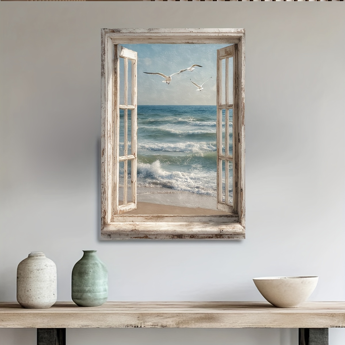 TEMU Art Mural sur Toile Encadrée Moderne 2D Plat, 1 pièce - Peinture de Mouettes Volant au-dessus d'une Fenêtre , Cadre Enveloppant Adapté pour la