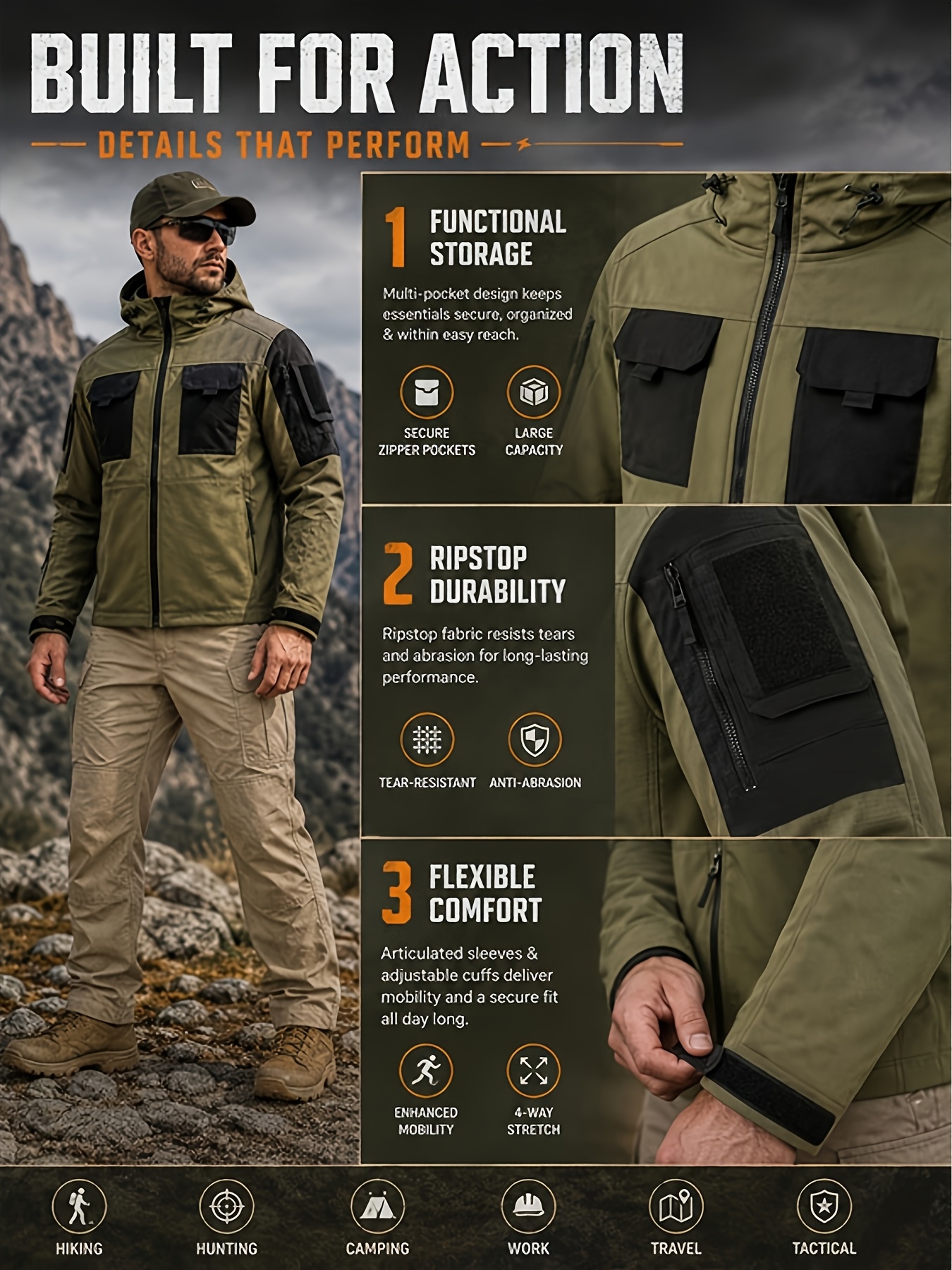 Men's Color-Block Multi-Pocket Hooded Soft Shell Jacket