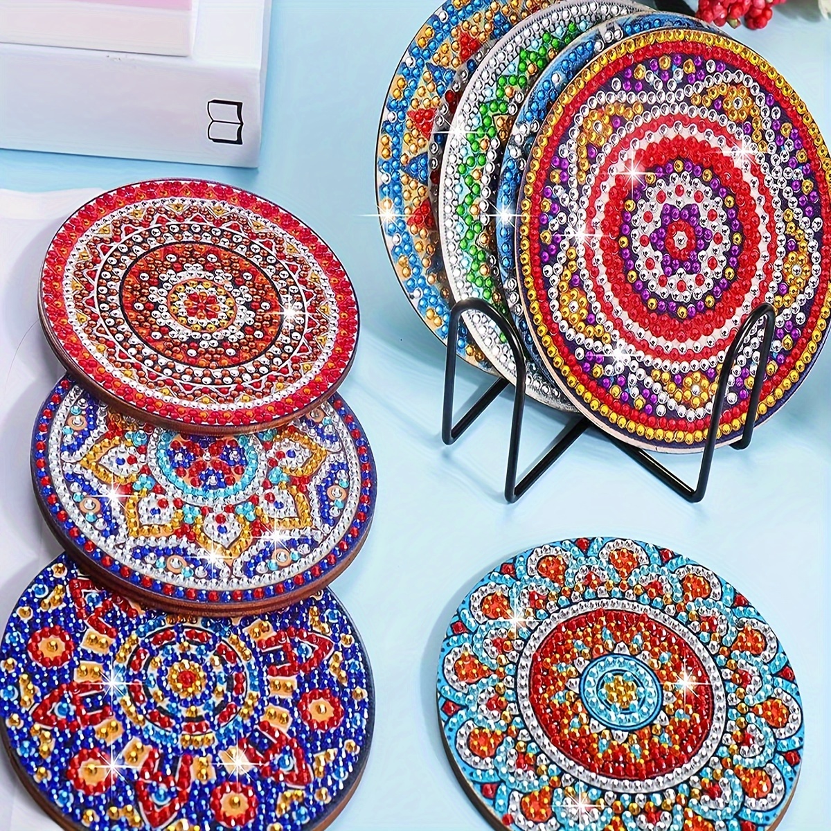 

Diy Mandala Diamond Art Coaster Set - 8pcs Sparkling Round Coasters With Holder, Stain-resistant & Decorative, Home Decor, 4x4 Inches