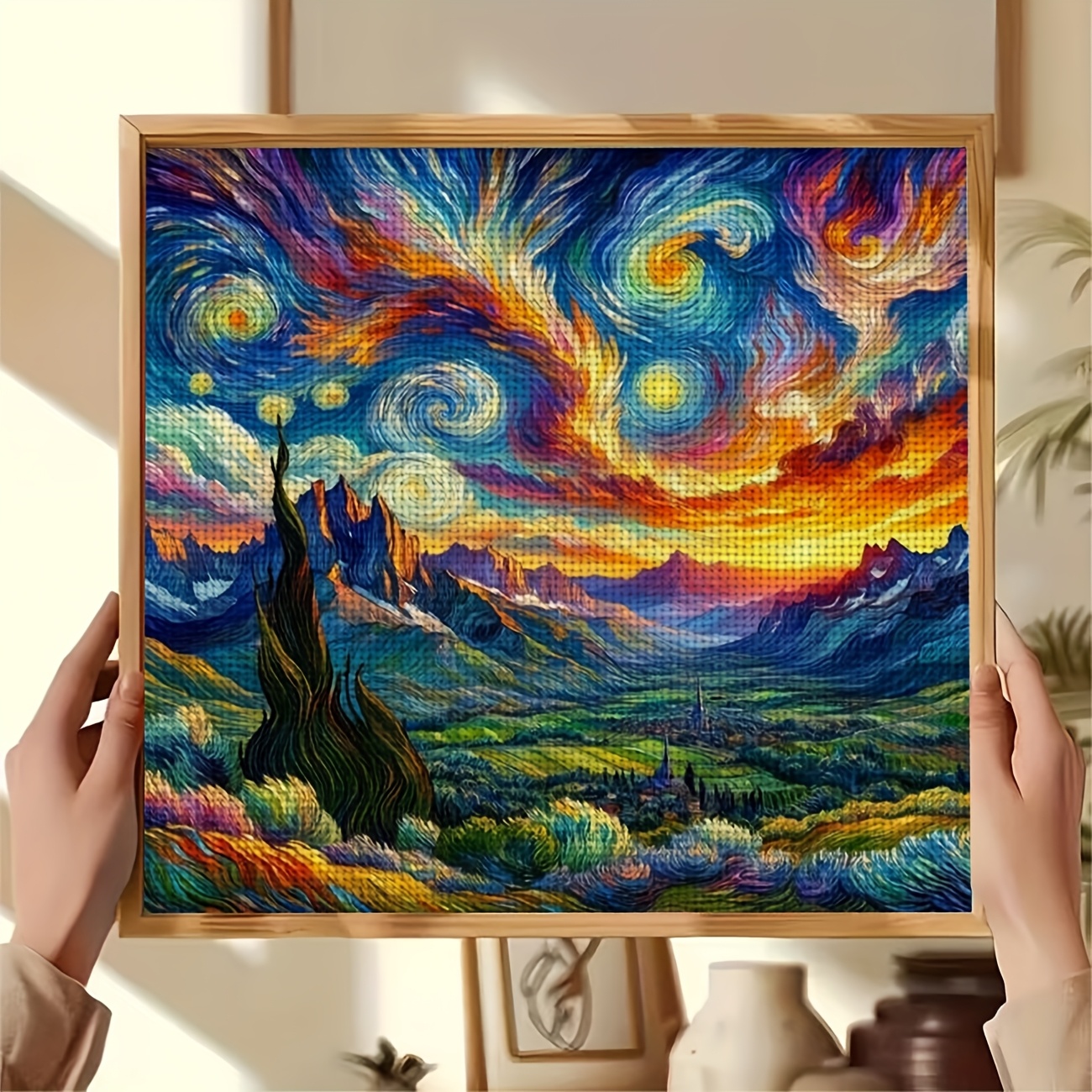 Printed Cross-Stitch Kit, Mountain Starry Sky At Sunset Pattern