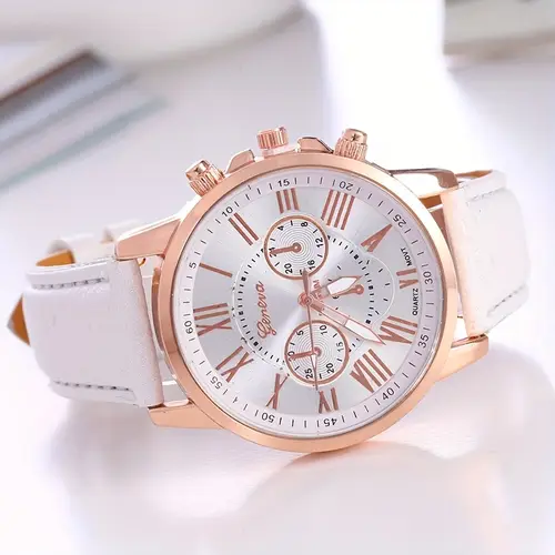 elegant rose golden womens quartz watch with white synthetic synthetic leather strap multi color dial feature roman arabic display