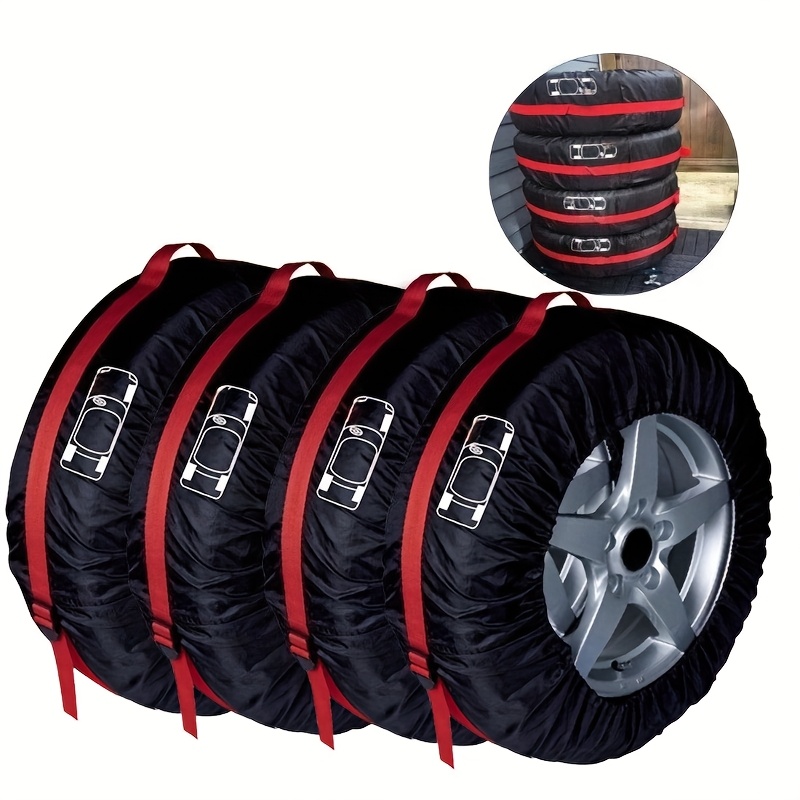   season tire covers with red woven handles and drawstring design suitable for cars rvs campers winter tire protection   portable wheel covers