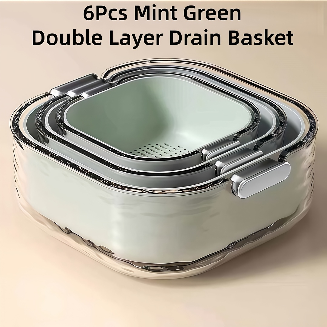 TEMU 6pcs Large Medium Small Double Layer Drain Basket Set, Heavy-duty Plastic Kitchen Colander With Handle, Stackable Washing Soaking Drying Basin,
