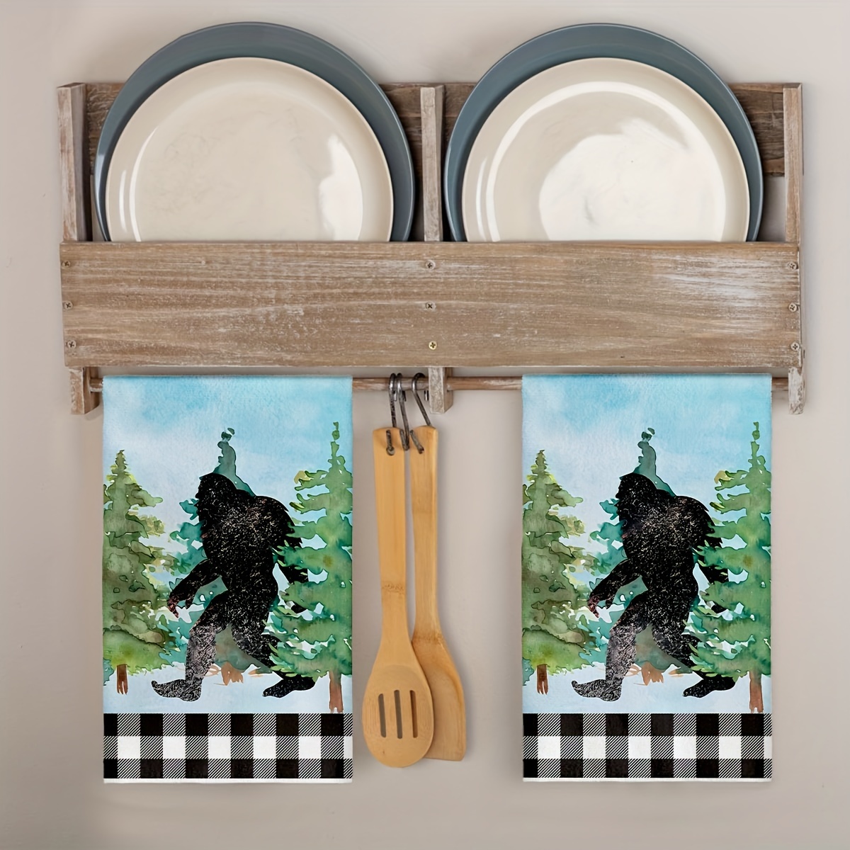 

2-pack, Cartoon Bigfoot Kitchen Towels, 18x26 Inches, Soft Polyester Dishcloths, Vintage Style, Machine Washable, Checkered Design, Table Mats For Home Kitchen & Dining Decor