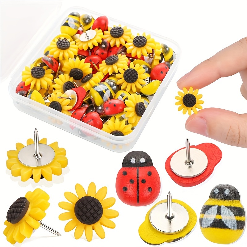 

30pcs Sunflower, Bee & Ladybug Wooden Pushpins - Decorative Thumb For Cork Boards, Photo Walls & Office Supplies, Soft Cork, Flower