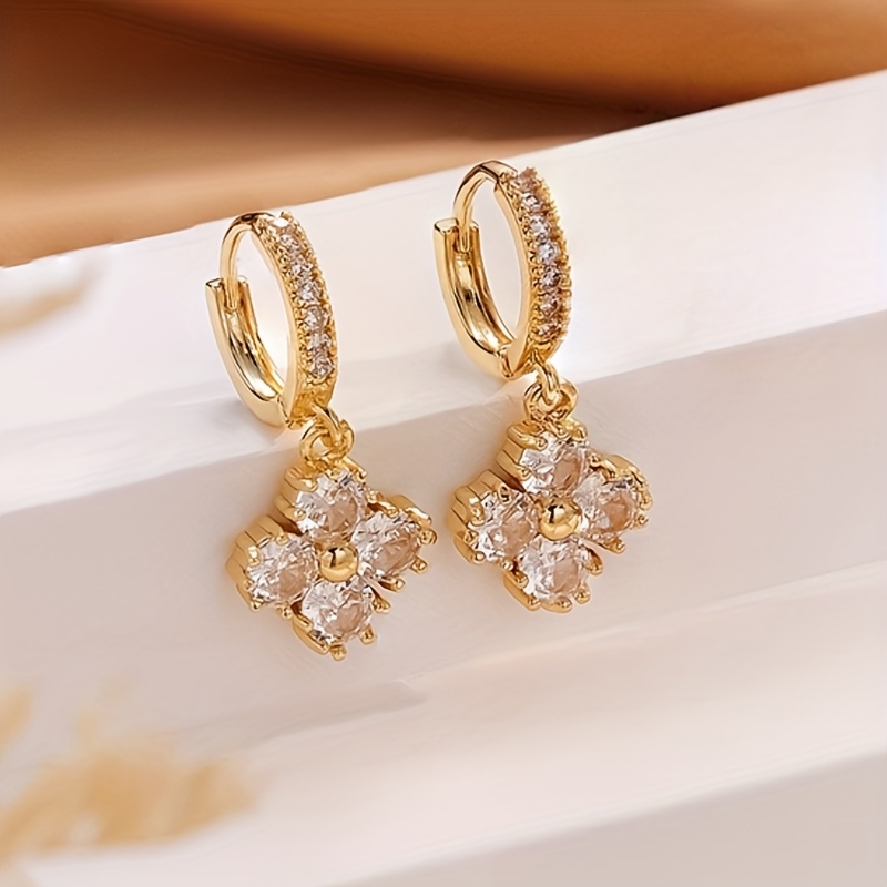 E-shop 1 Paar elegante Ohrhänger mit Blütenblatt-Design, Kupfer eingelegt, synthetische Zirkonia, exquisit und luxuriös, geeignet für Damen für
