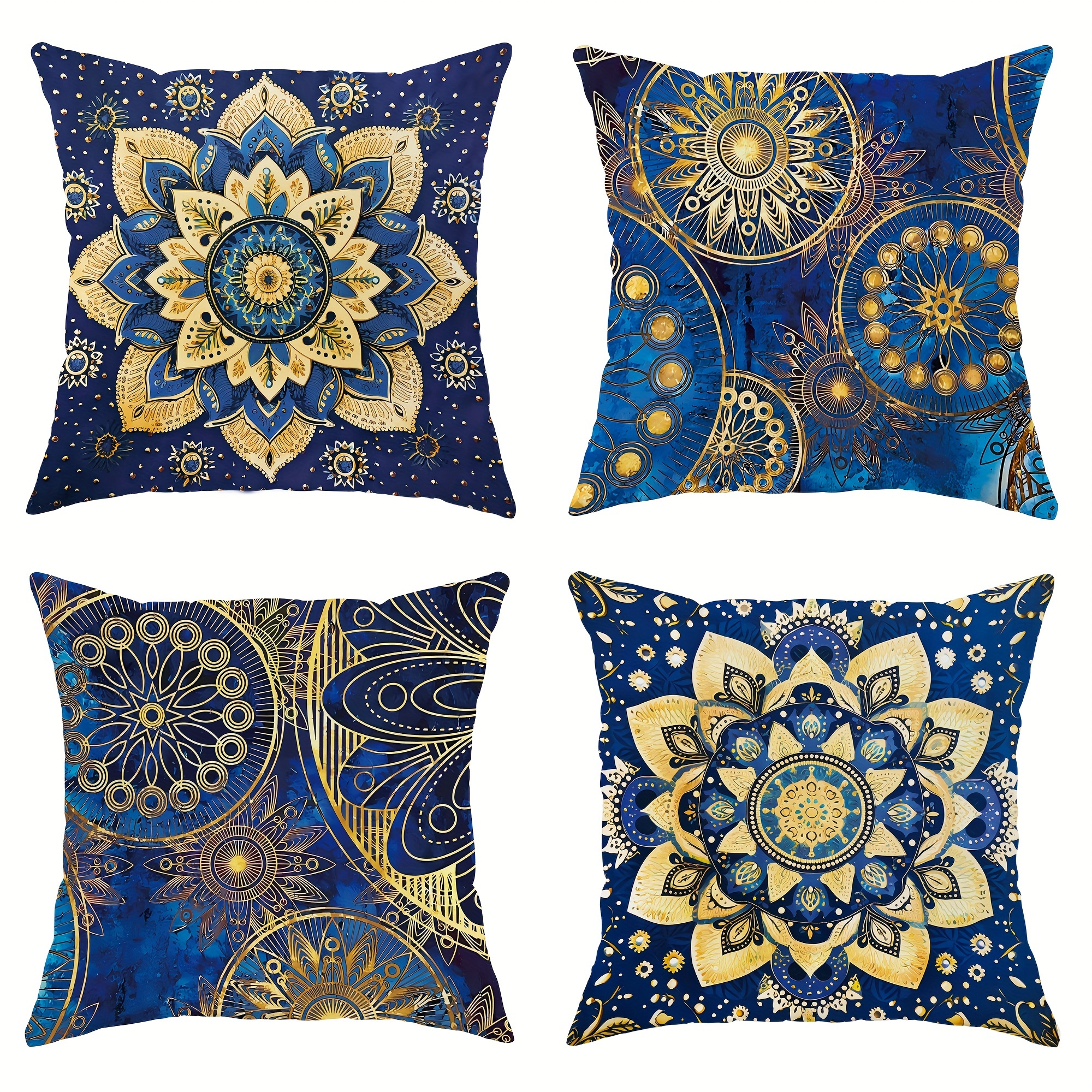 

4pcs, Mandala Floral Geometric Blue And Gold Polyester Throw Pillow Covers, Abstract Bohemian Pillow Covers, Decorative Cushion Covers 45×45cm/18 "x18", For Living Room Bedroom Sofa Bed Decoration