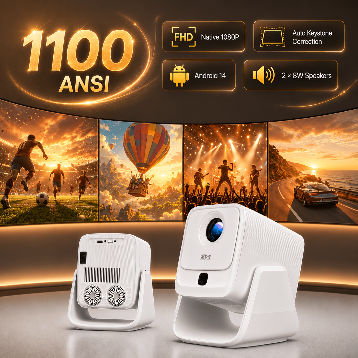 Xgody Smart Portable Projector, Native 1080p, 1100ansi , 8k , 14 Os, Auto Focus & Automatic Image Calibration, Wifi 6 & Bt 5.4, Built In Dual 8w Speakers, Home Theater Projector For Indoor Gatherings