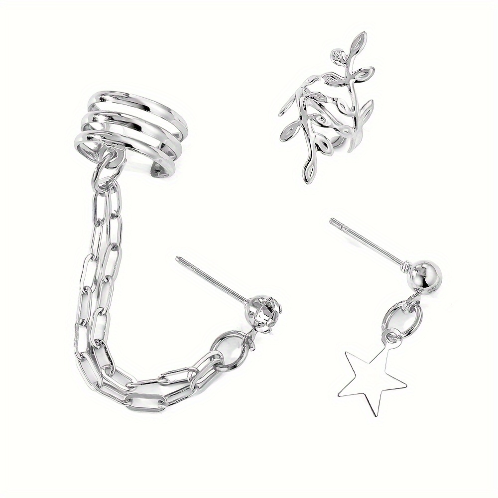 3pcs Star Chain Leaf Clip-On Earrings Set for Women