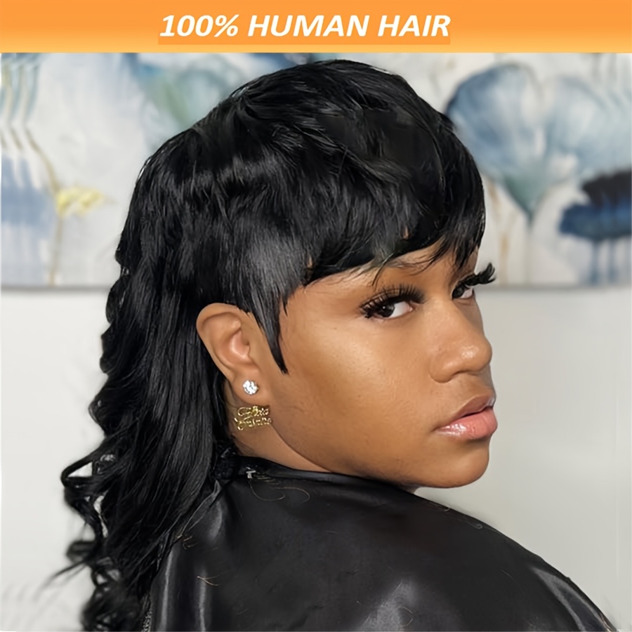 

10 Inch Loose Wave Human Hair Mullet Wig With Bangs, Glueless , 150% Density Real Hair, Hair Wig