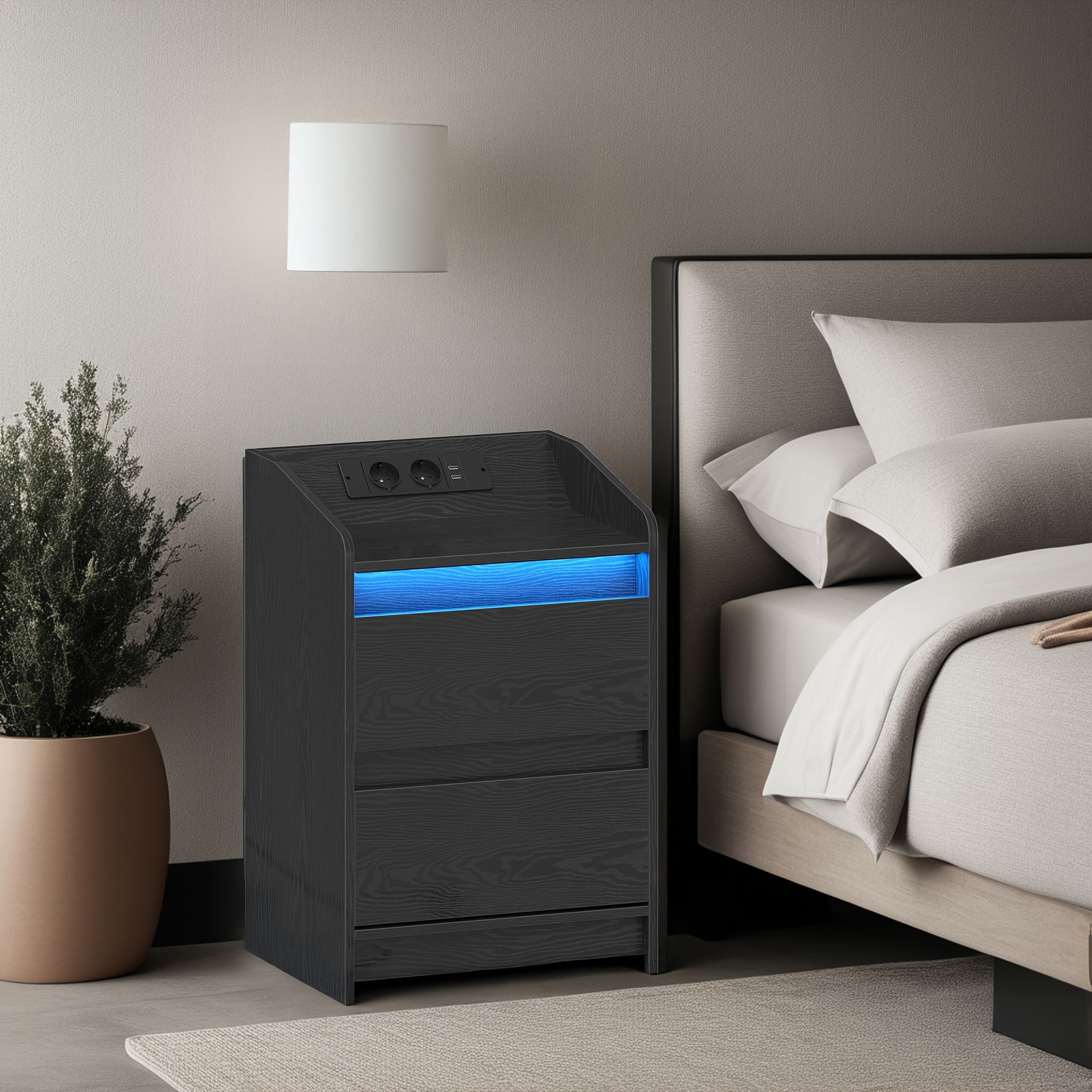 MUTUN Comodino Con Luci LED E Ricarica, 5 Cassetti In Tessuto E Ripiano Aperto, Con Presa E Porte USB/Tipo-C, Nero, 29x41x97 Cm - 3