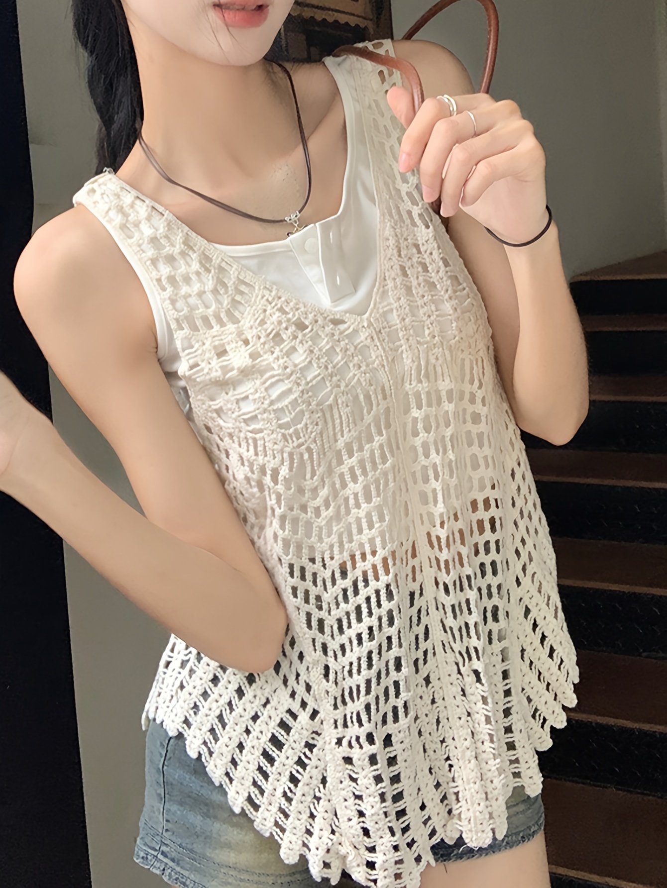 Crochet Cover Up Knitted Top, Casual Beach Wear V-neck Tank Top, Women's  Clothing