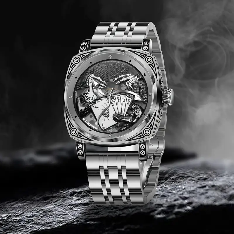 mens skeleton automatic watch vintage mechanical movement case with intricate engravings black dial roman stainless steel strap elegant for men luxury watch without battery Product details 2