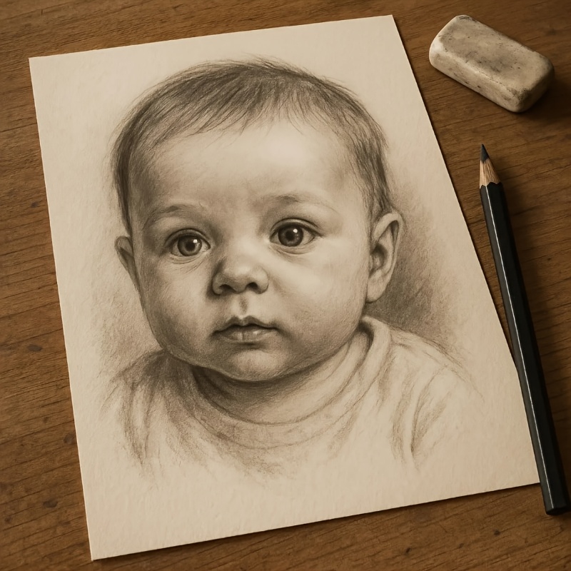 TEMU 2d Flat, Custom Children's Charcoal Portrait From Photo, Personalized Newborn Sketch Art, Black And Children's Wall Decor Gift – Frameless, 2d