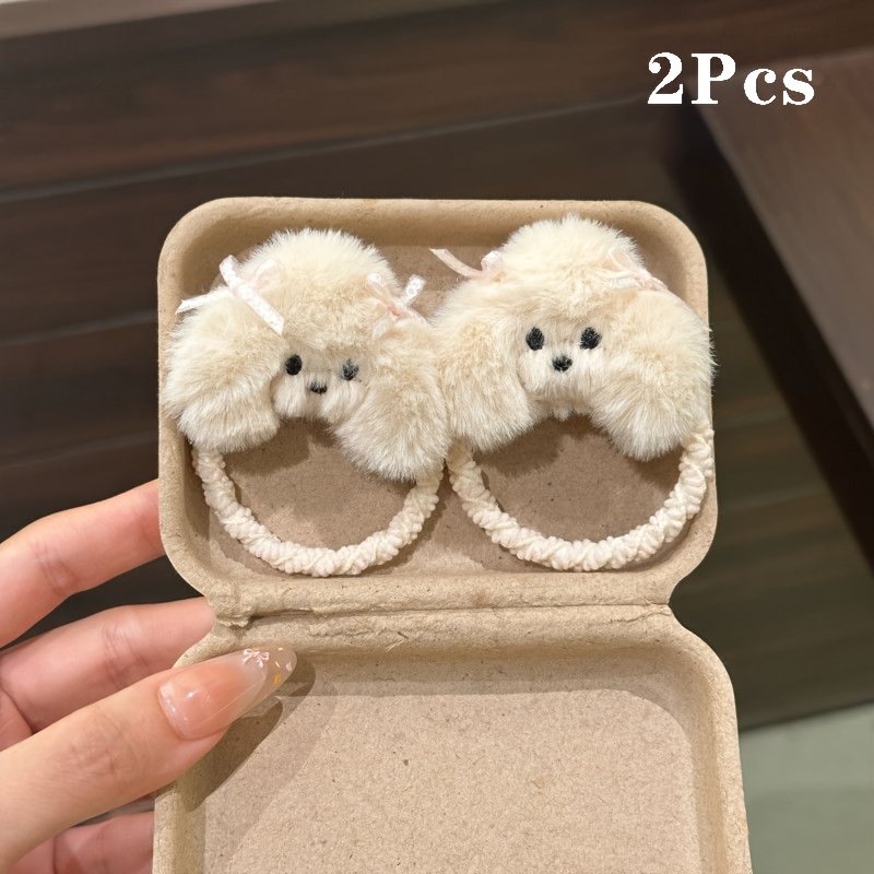TEMU 2pcs Cute Plush Dog Hair Ties, Faux Fur Elastic Hair Bands With Tiny Ribbon Decor, Soft Ponytail Holders, Aesthetic Rope Additions For Women