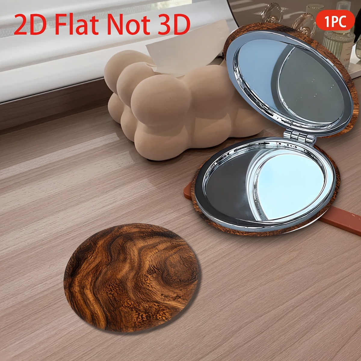 Handheld Round Mirror with Wood Grain Texture