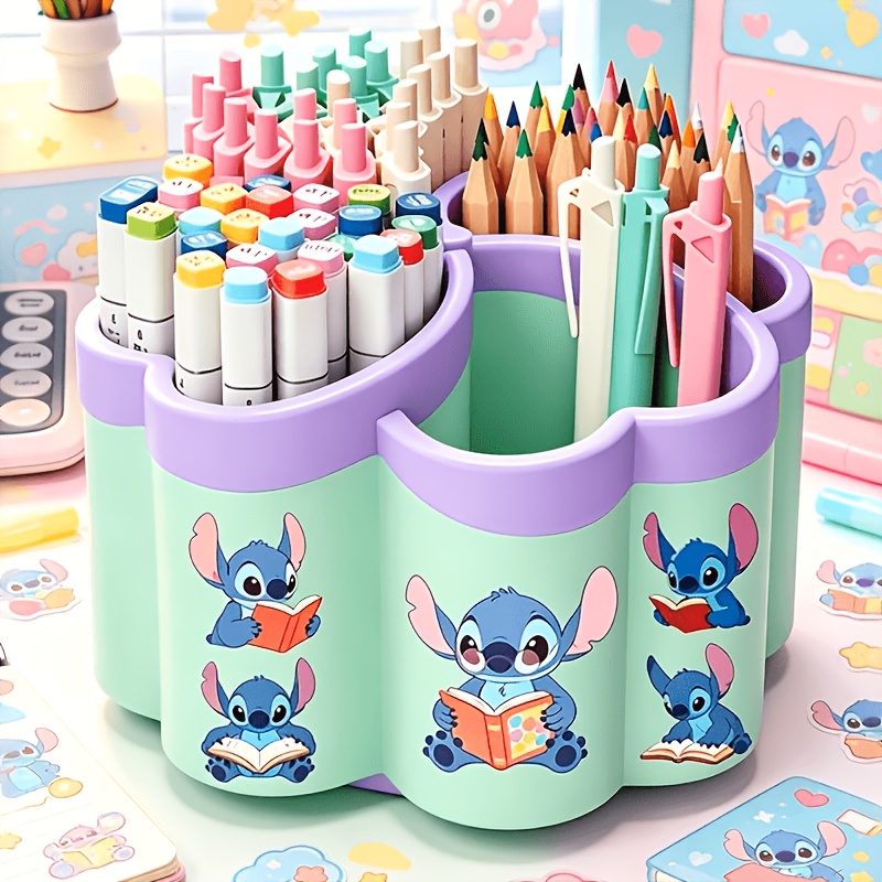 TEMU 's New Cute Cartoon Stitch Series High-value 360° Rotating Pencil Holder | Extra-large Capacity Desktop Stationery Organizer | Five-petal Flower