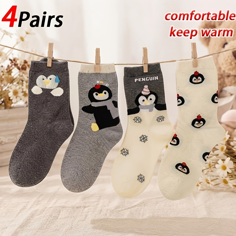TEMU 4-pair Women's & Soft Mid-calf Socks - Cute Penguin Tights Suitable For, Casual Attire, Themed Outfits | Hand Washable Creamy Cartoon Penguin