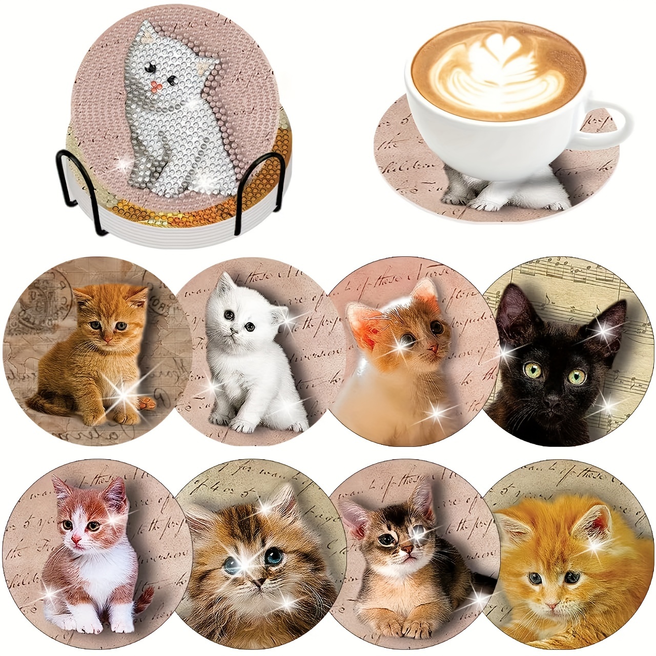 

8 Small Cat Style Diamond Painting Coasters With Brackets, Diy Diamond Art Coaster Set, Suitable For Beginner Art And Craft Supplies