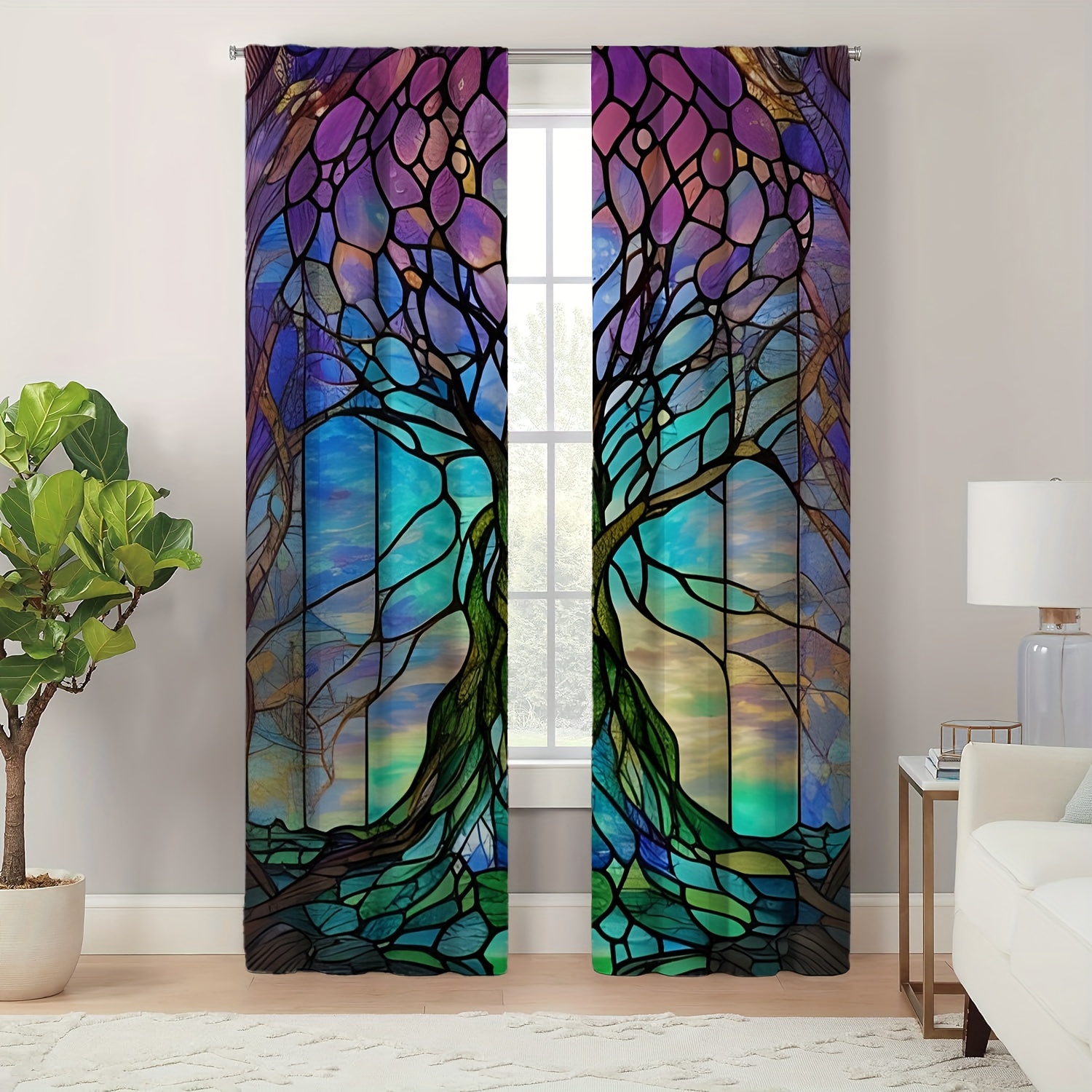 

2pcs Bohemian Style Artistic Colored Tree Blackout Curtain Set - Uv Protection And Thermal Insulated Drapes For Room And , Elegant Decor