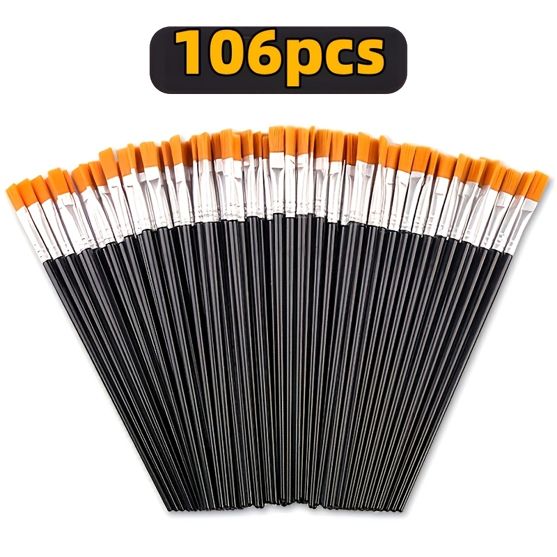 TEMU Set de 106 pinceaux à poils en nylon noir pour peinture, loisirs créatifs et fournitures d'art, pinceaux à pointe ronde et plate pour aquarelle,