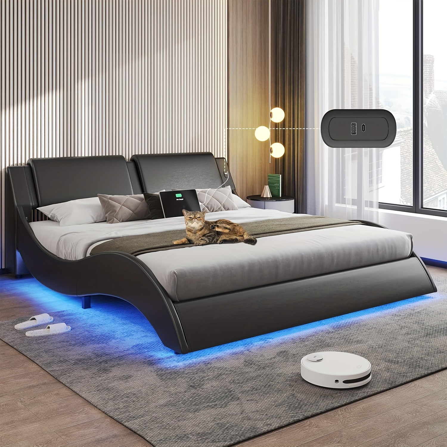 

Led Bed Frame Queen Size Leather Platform Bed Frame With Headboard, Wave Like Bed Frame, Easy , Black