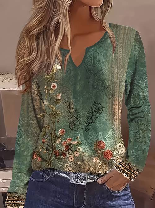 blusa bohemia de larga con estampado floral para mujer - cuello , y terrosos, lavable a máquina y elasticidad media, ideal para verano otoño
