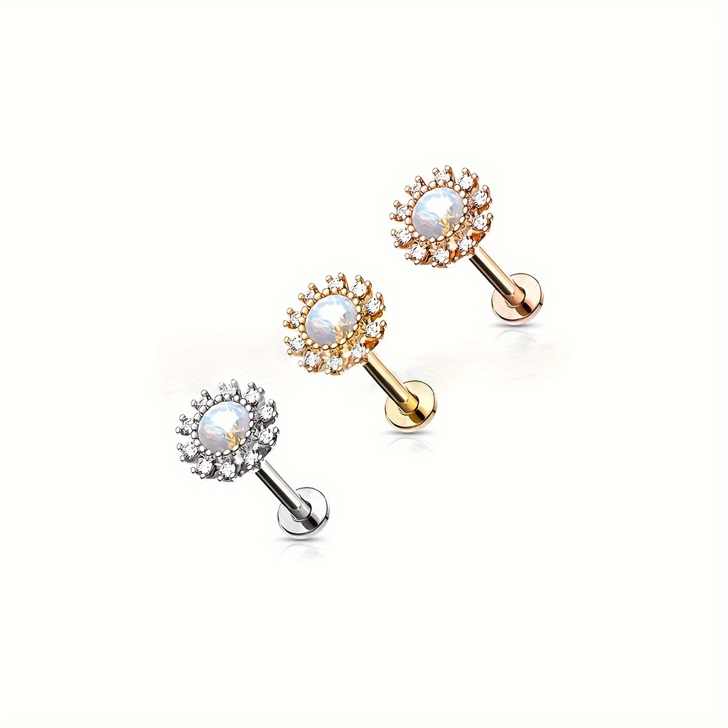 

1pc Opal + Zircon Decor Semi Spherical Piercing Lip Nail Nose Nail Ear Bone Nail Ear Snail Stud 316 Stainless Steel Inner Screw Body Piercing Jewelry For Dating Gifts And Daily Wearing