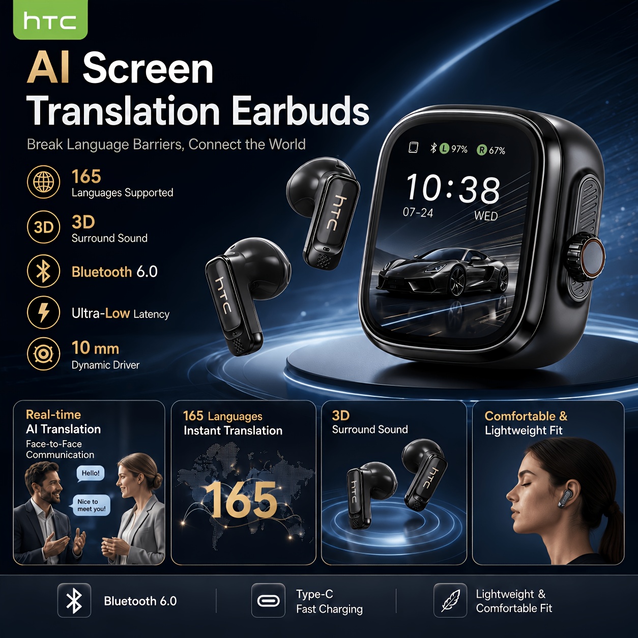 Image of Htc Ne72 New Wireless Earbuds With Lcd Touch Screen And Heat Dissipation Design Support 165-language Translation Low Latency, Long And Ideal For Business And Daily Use