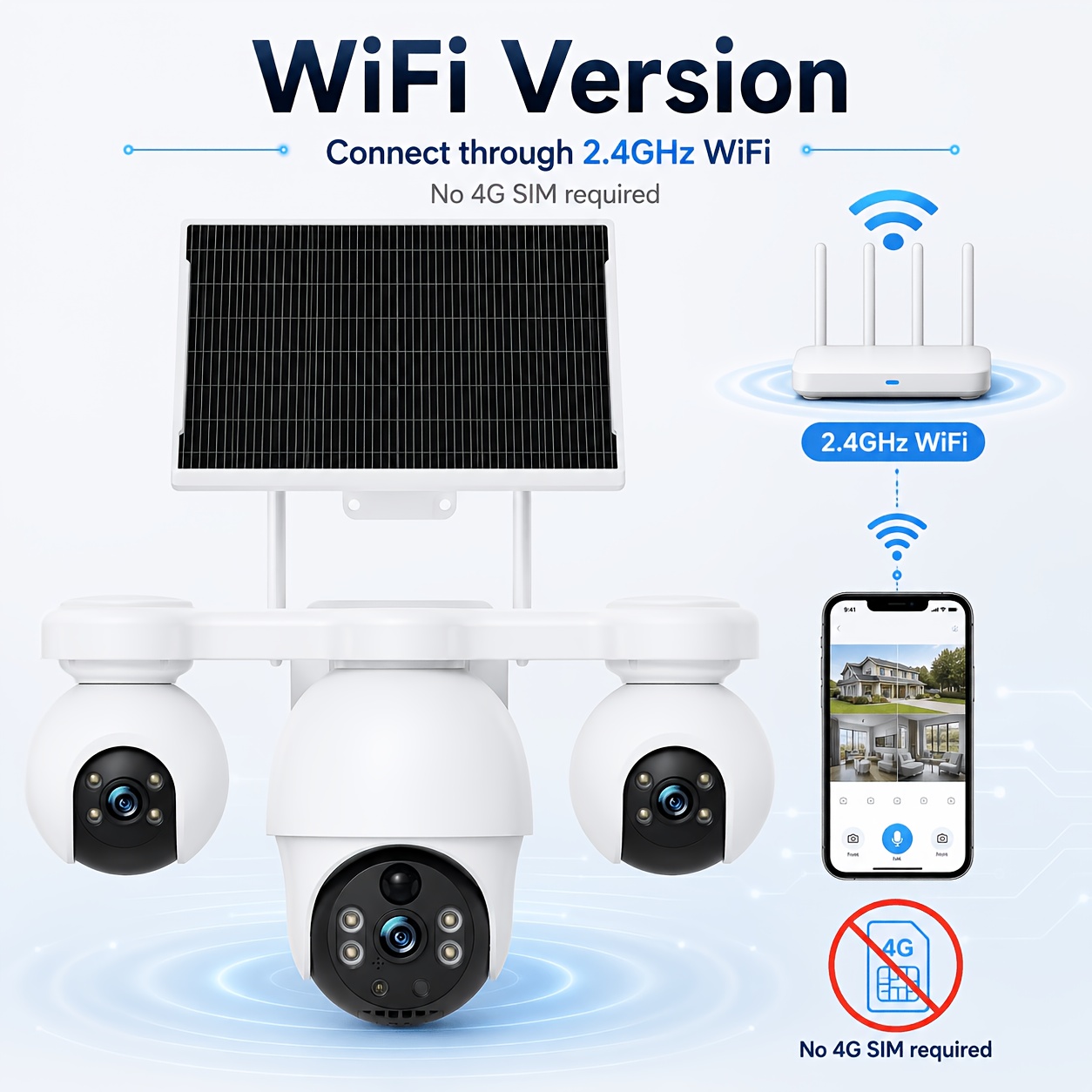 Caméra de sécurité V380MAX | Enregistrement toutes saisons 6MP, prend en charge le WI-FI 2.4Hz, système de surveillance sans fil, fonction audio bidirectionnelle, rotation à 360°, détection de mouvement simultanée à trois objectifs, stockage cloud, convient pour une utilisation extérieure, commerciale et domestique
