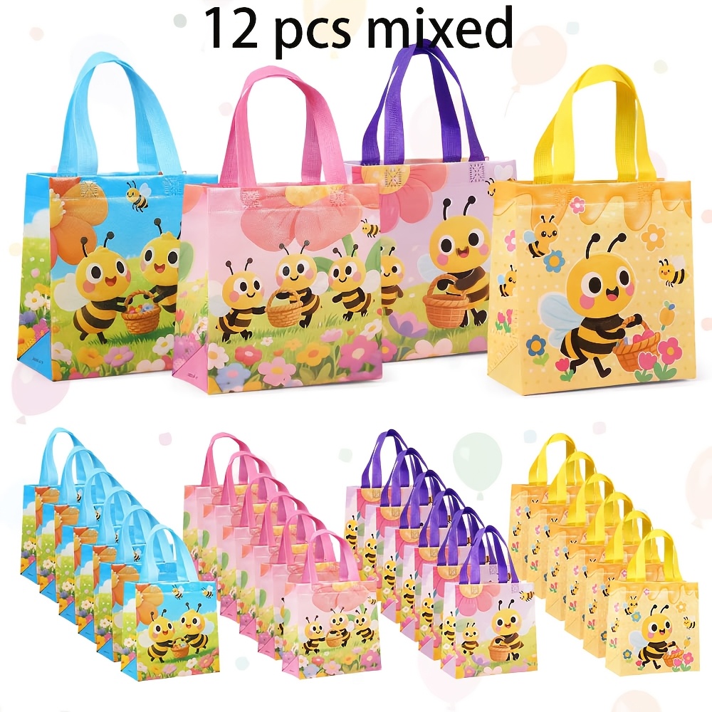 TEMU Cute Bee Non-woven Gift Tote Bags, 12pcs Cartoon Goodie Bags With Handles, Colorful Kids Party Favor Bags, Treat Bags For Birthday Party