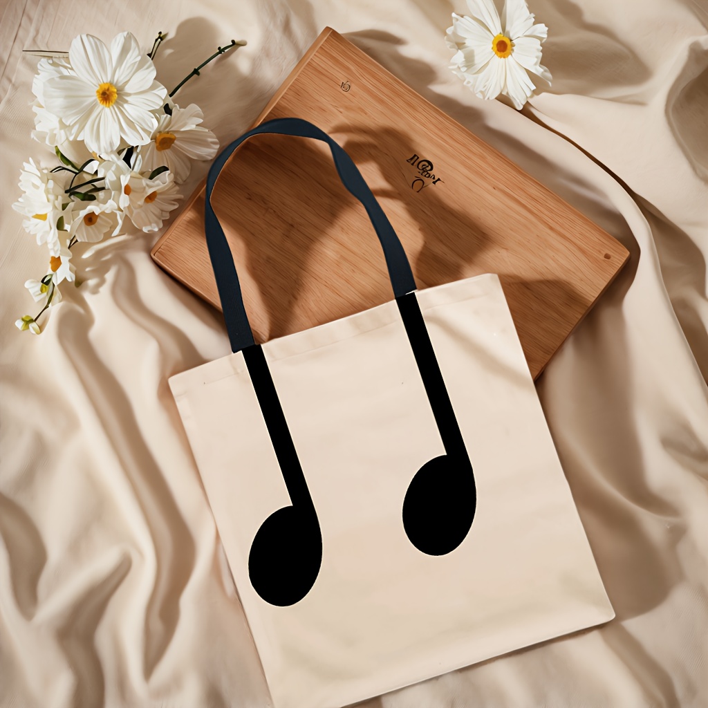 TEMU 1pc Women's Fashion Musical Note And Tote Bag - Large Capacity Foldable Shopping Bag With Fixed Shoulder Strap, Beige Bag, Suitable For Travel,