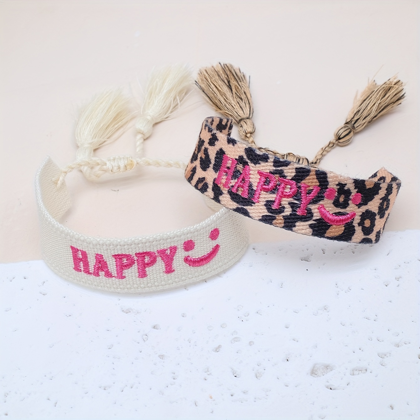 A Set Of 2 Embroidered Bracelets Featuring 'happy' In A Stylish Retro Leopard Print, Handcrafted Friendship Bracelets