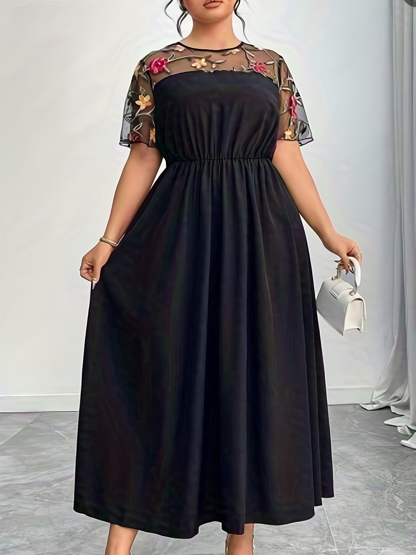 black embroidered dress plus size Mac Duggal Women's Plus Size Sheer Sleeve V Neck Floral Embroidered Gown