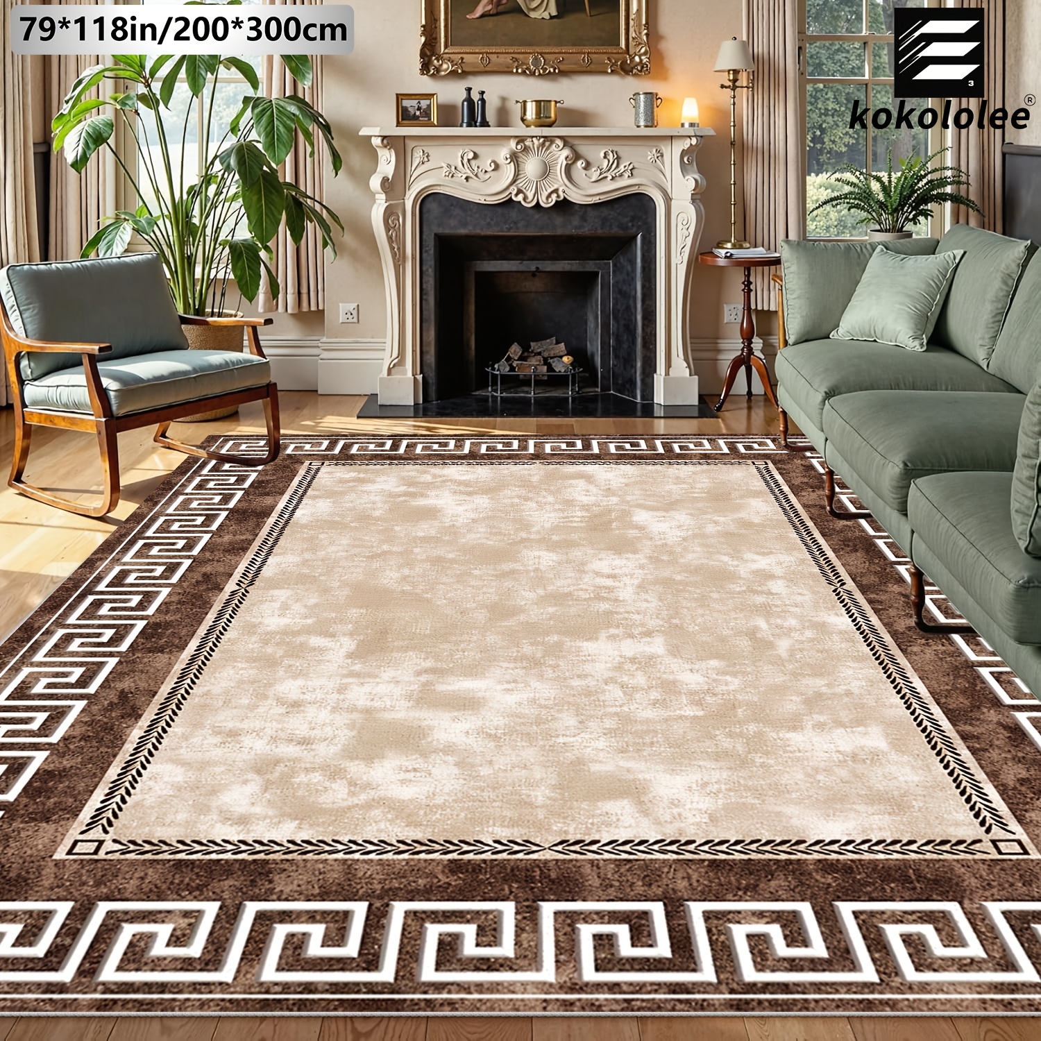 TEMU 1pc Luxury Velvet Area Carpet | Classic Greek Key Beige Brown, 100% Polyester Fiber, Non-slip Backing, Machine Washable, Suitable For Living