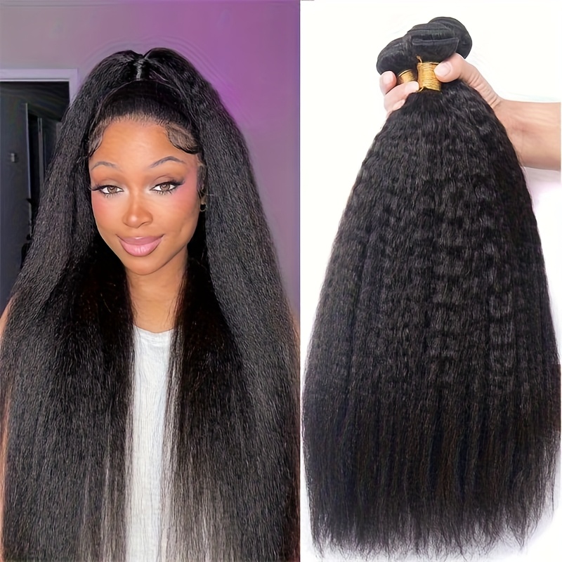 Image of 1 Bundle/pack Kinky Straight Natural Hair Bundles For Women True Length Glueless Human Hair Bundles Straight Hair Weaving Brazilian Hair Extensions Double Machine Hair Weft For Women