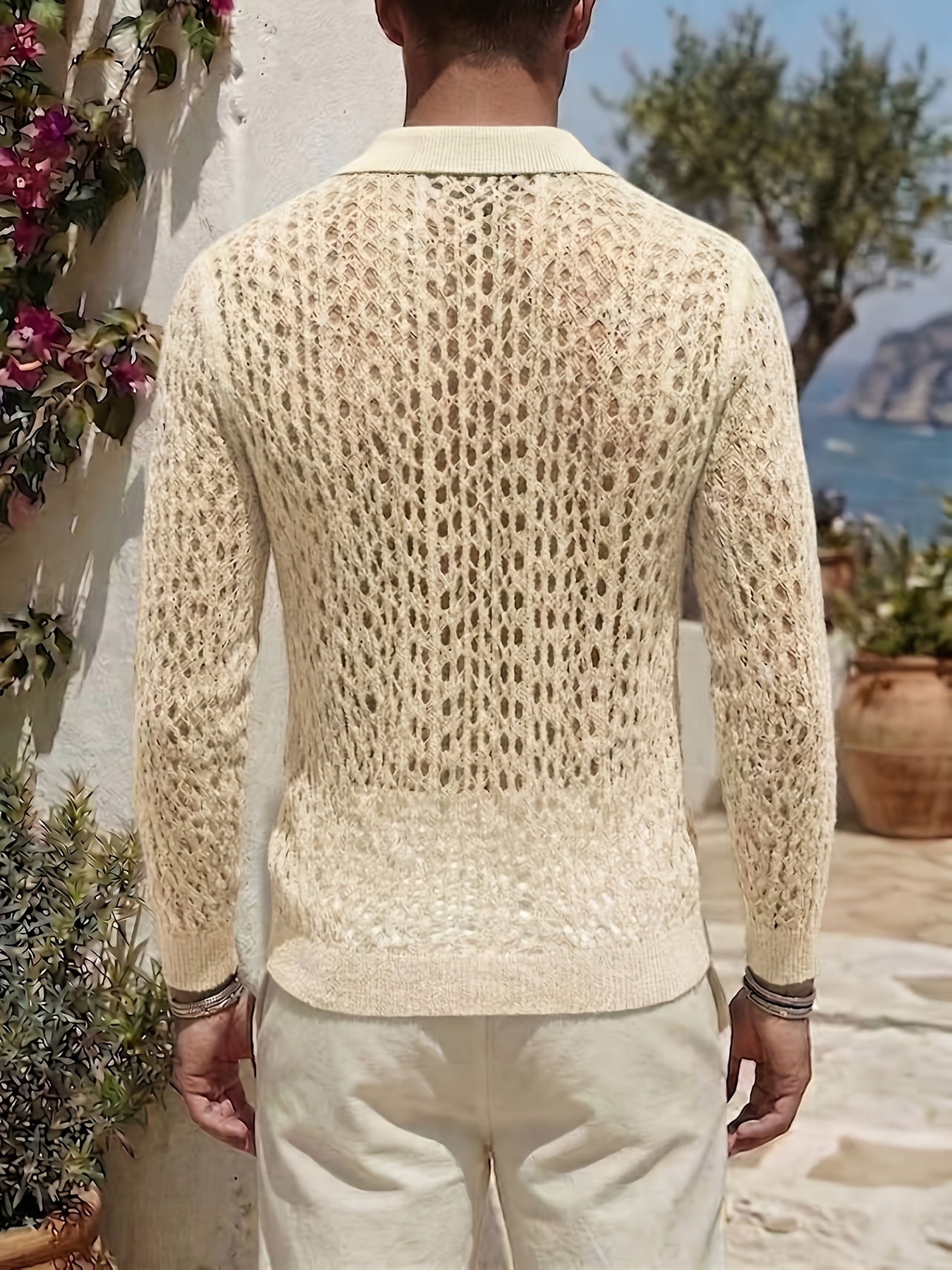 Men's Knitwear, Bean Green Hollow-out Knit Cardigan, Lapel & Single-breasted Design, Breathable & Casual, with a Relaxed Vacation Vibe