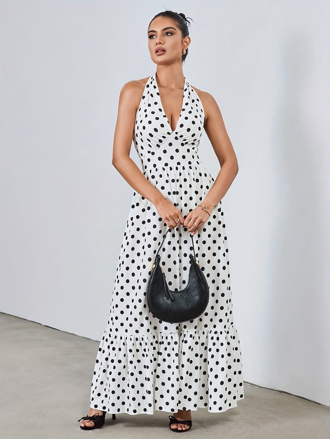 black white polka dot halter maxi dress fit